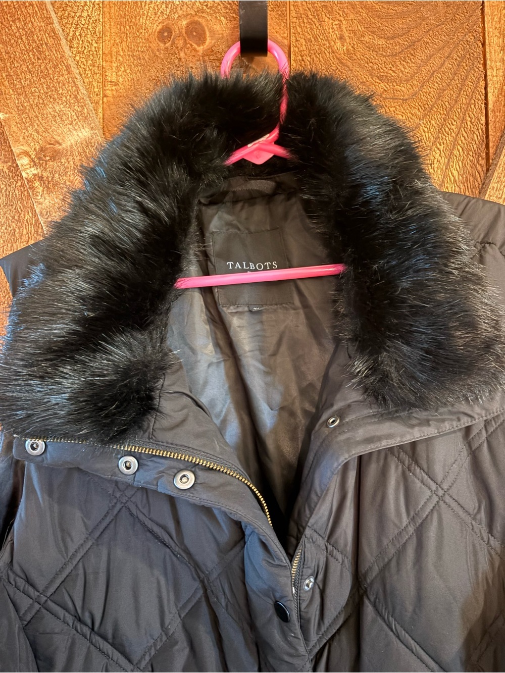 Talbots Black Quilted Coat with Faux Fur Collar